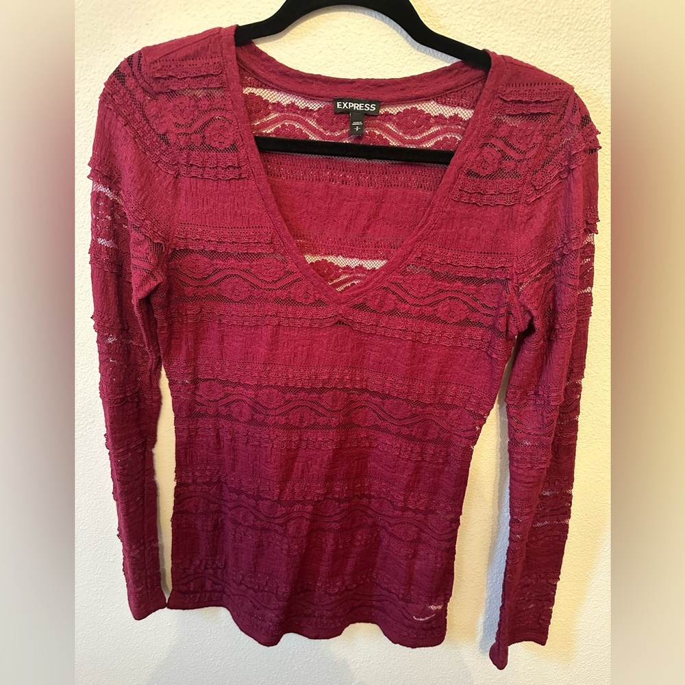 Express Women's Deep Red Lace Long Sleeve Top